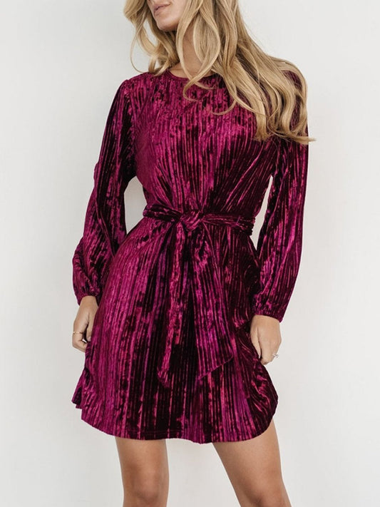 Velvet Round Neck Tie Waist Long Sleeve Mini Dress