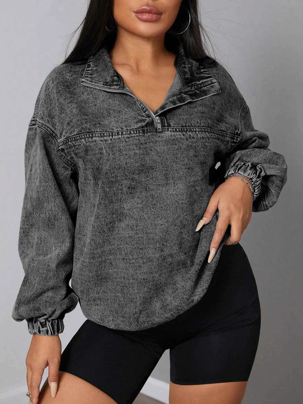 Elastic Hem Quarter Zip Denim Top Dark Gray 975cfafb-c044-48cc-854a-c97d450b5fc9-Max-Origin