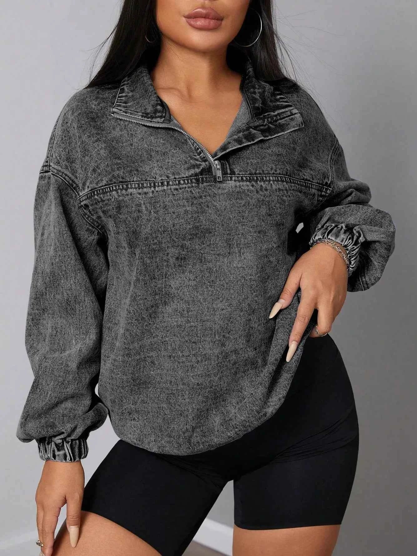 Elastic Hem Quarter Zip Denim Top Dark Gray 975cfafb-c044-48cc-854a-c97d450b5fc9-Max-Origin