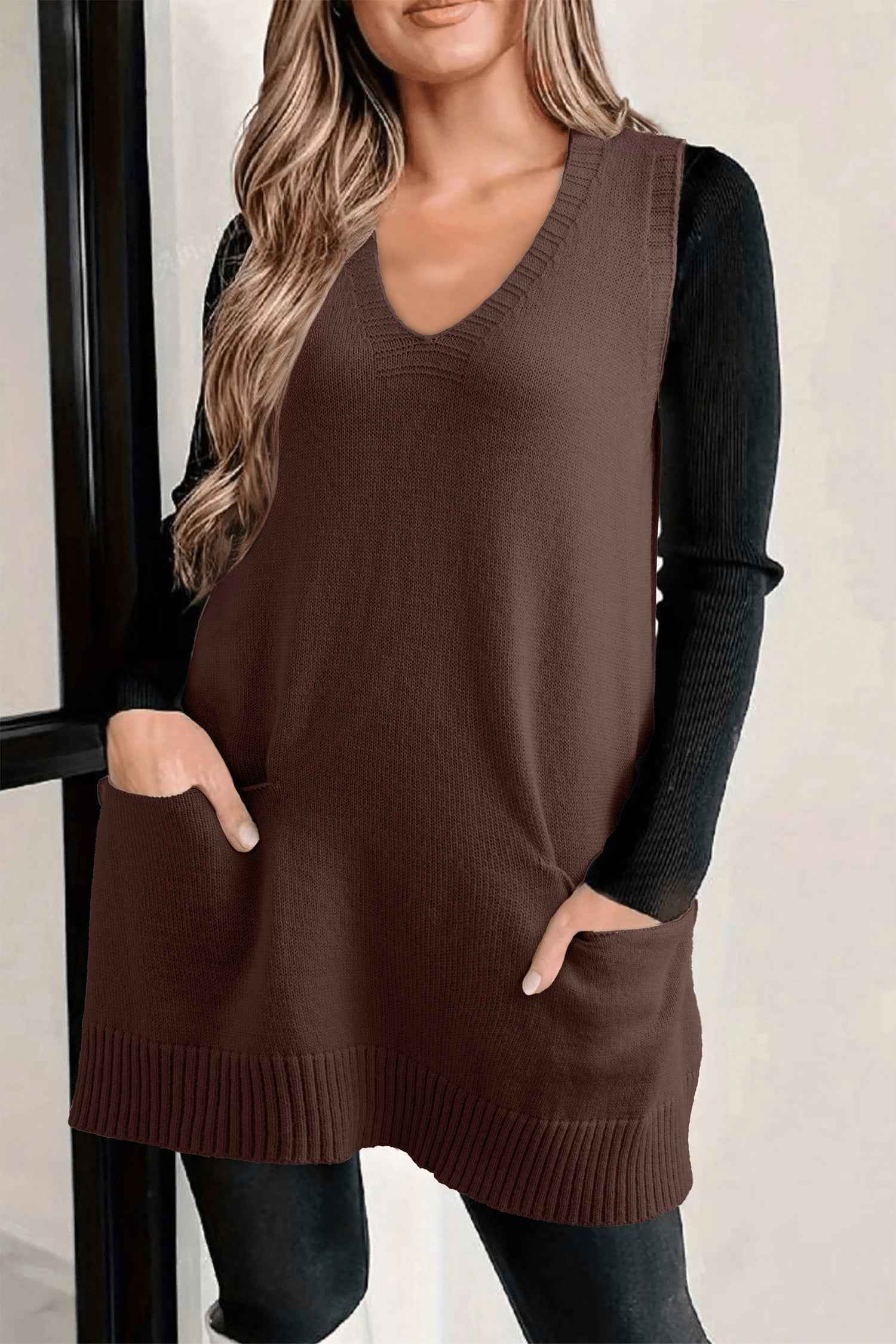 Delicacy Ribbed Deep V Neckline Front Pocketed Loose Tunic Sweater Vest Dark Brown 65%Acrylic+35%Polyamide 97613de7fc532126