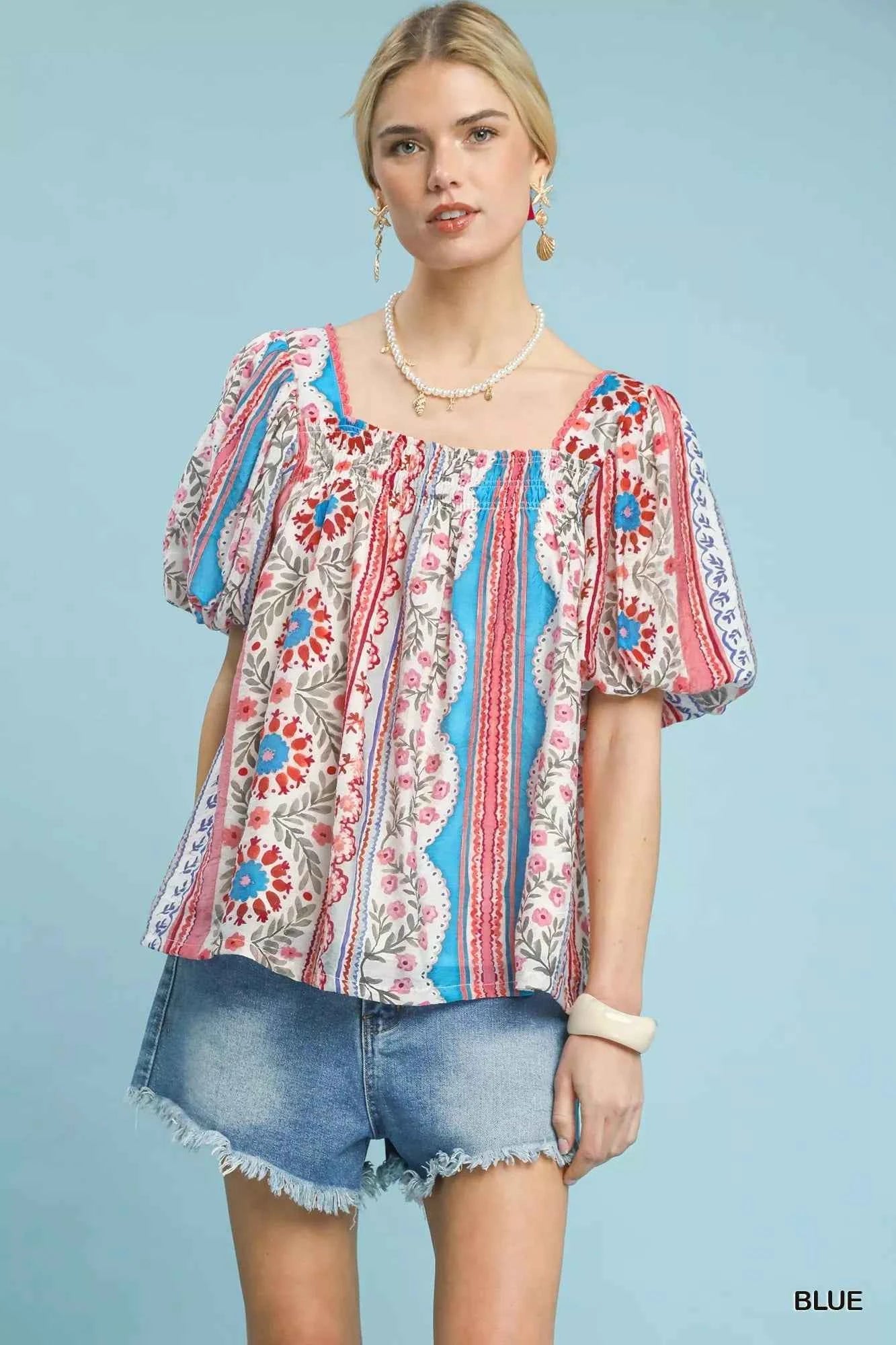 Umgee Patchwork Puff Sleeve Smocked Blouse Blue 9761496c-3902-42dd-81a9-aa87faf350b2-Max-Origin