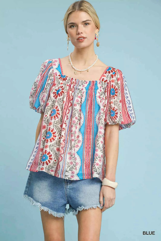 Umgee Patchwork Puff Sleeve Smocked Blouse Blue 9761496c-3902-42dd-81a9-aa87faf350b2-Max-Origin