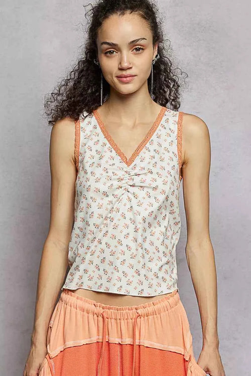 POL Ruched Floral V-Neck Tank with Lace Detail OFF WHITE 9763e665-453e-4cd1-8bbe-818beb7bab37-Max-Origin