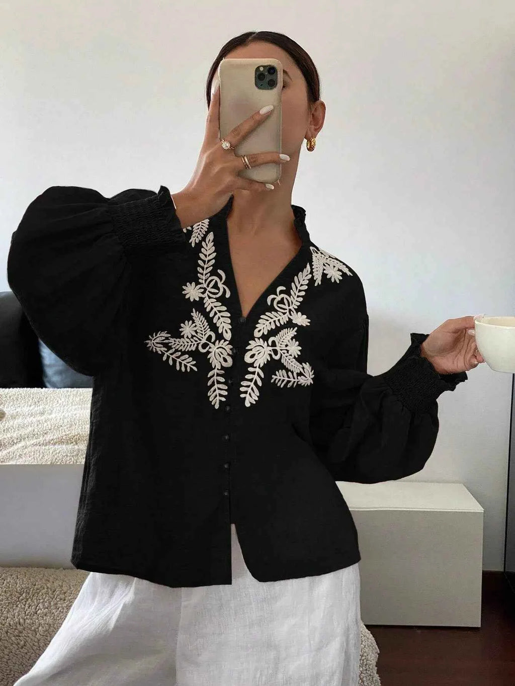 Embroidered Lantern Sleeve Blouse 976410f6-690a-4616-829c-f71280730d06-Max-Origin
