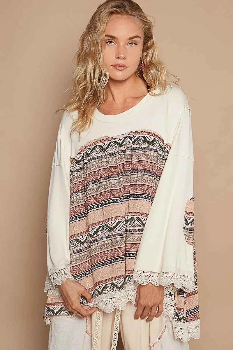 POL Bohemian Geometric Print Long Sleeve Top with Lace Trim 9766e12c-d545-4187-9f7c-b3fc39972a03-Max-Origin