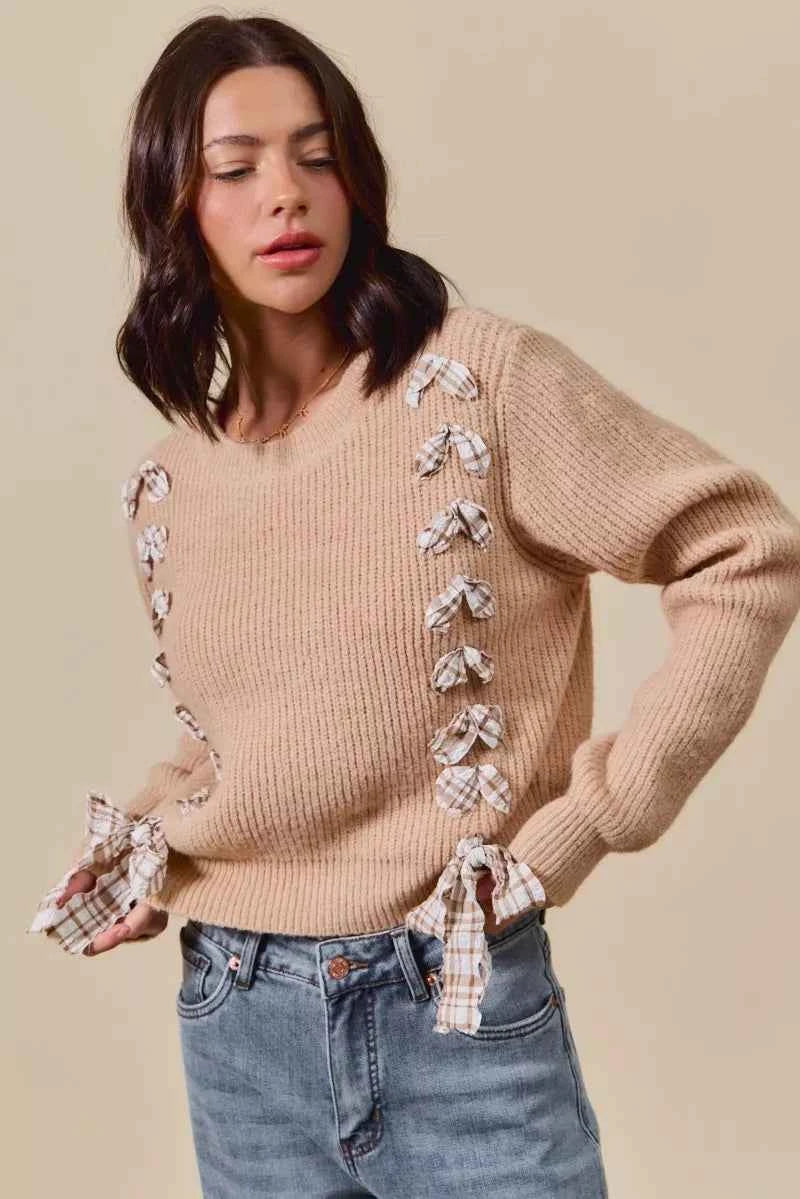 SO ME Checkered Plaid Tape Lace Up Ribbed Sweater 976b0d8b66084f12bfa3c8b71cee2e13-Max-Origin