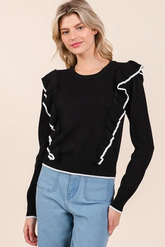 Mittoshop Contrast Trim Ruffled Round Neck Knit Top 976c9727-0bd0-4808-a921-0ff6d3b33c4e-Max