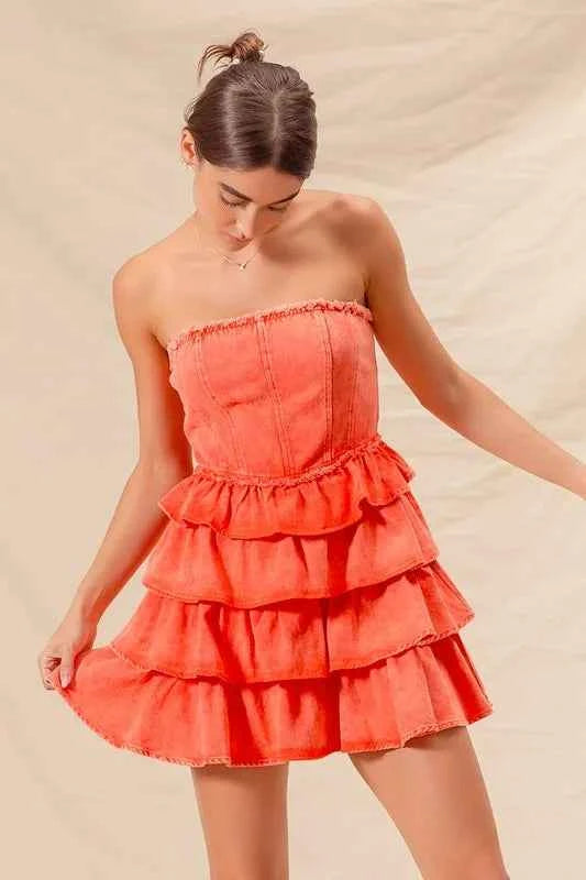 SO ME Strapless Ruffle Layered Game Day Cheer Up Dress ORANGE 976da1b2984343ff9da5661921899264-Max-Origin