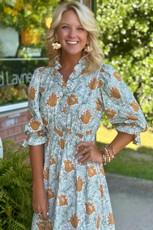 Brown Floral Printed Frilled V Neck Bracelet Sleeve Long Dress 9770c4db9fadbf7f