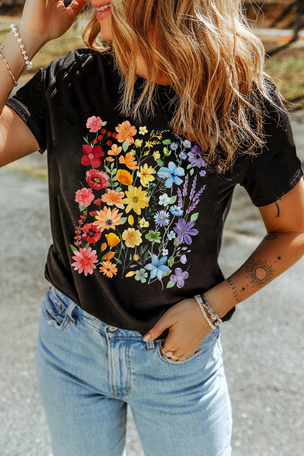 Black Flower Print Cotton Blend Casual Tee Black 9773ff03ddc68a7d