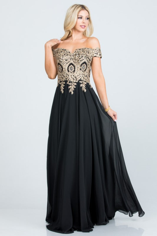 Off Shoulder Evening Gown – Gold Lace Appliqué Chiffon Dress for Women Black 9776f40a-45d9-4523-a792-e0fffae62b49