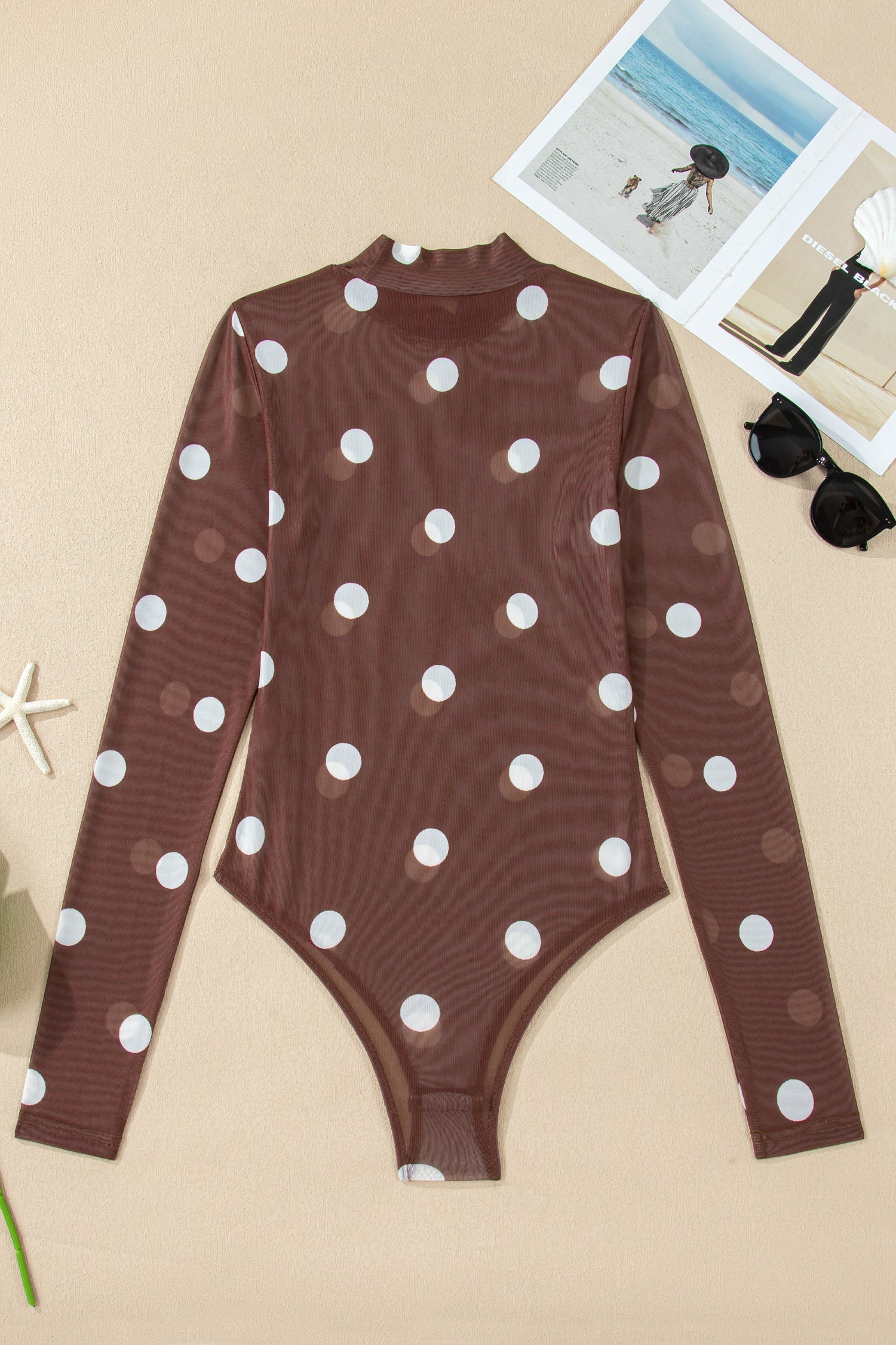 Brown Vintage Polka Dot Print Mesh Long Sleeve Bodysuit 977bd92755594ca5