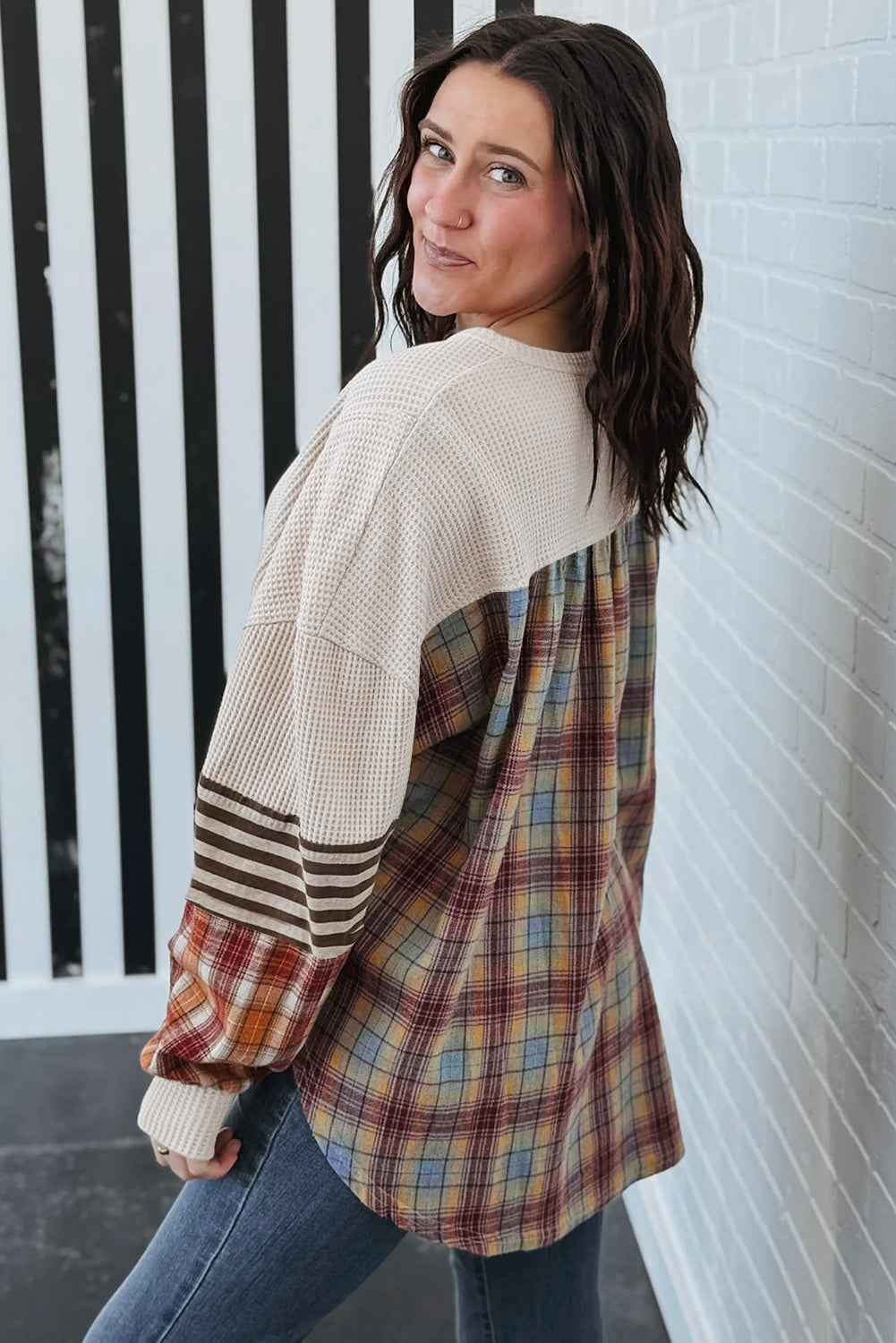 Parchment Plus Size Waffle Striped Plaid Patchwork Henley Pullover 97823469ec556e78
