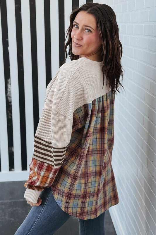 Parchment Plus Size Waffle Striped Plaid Patchwork Henley Pullover 97823469ec556e78