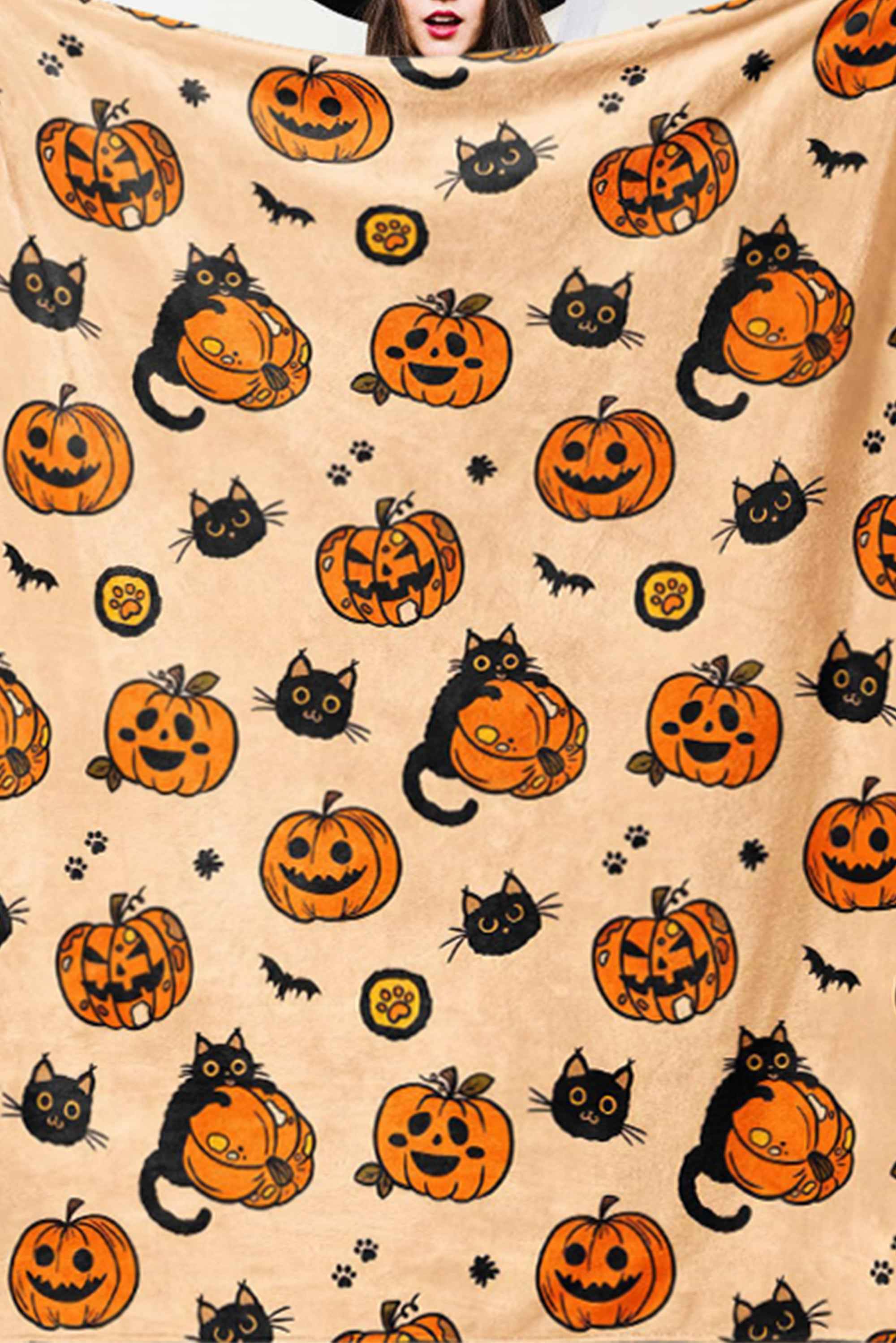 Russet Orange Halloween Pumpkin Print Fleece Blanket Russet Orange ONE SIZE Polyester fiber 97838fa041f3da73