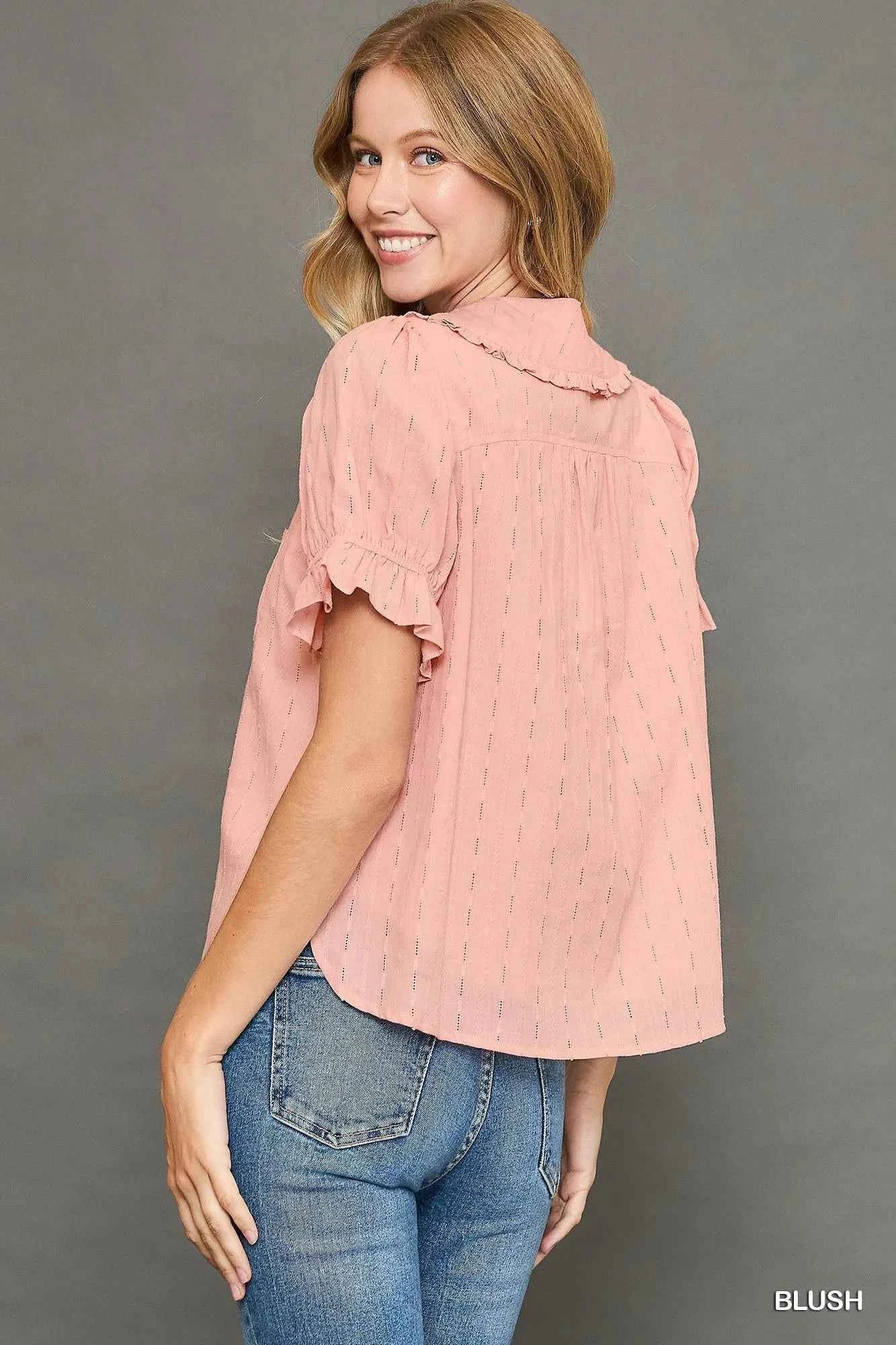 Peter Pan Collared Button Down Textured Shirt with Ruffled Detail 9784ce3e-b9d0-4314-8ad2-4de8e0ec4691-Max-Origin