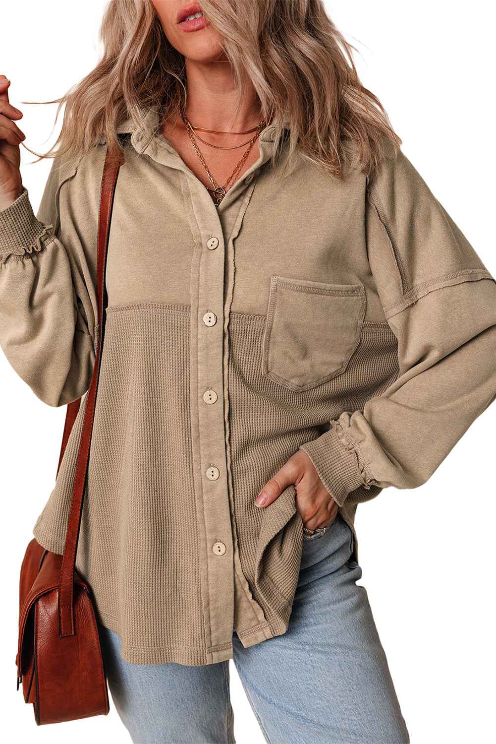 Goat Mineral Wash Textured Patchwork Loose Fit Shacket 9785581e5de08e17