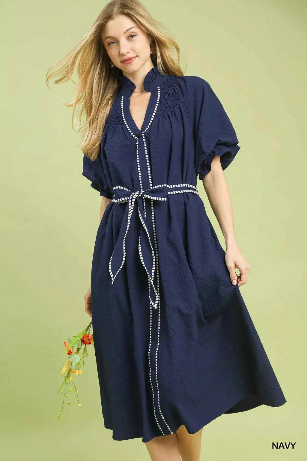 Umgee Ruffle Collar Midi Dress with Stripe Trim NAVY 9787556c-204c-41a8-9f37-462d0ef12cde-Max-Origin