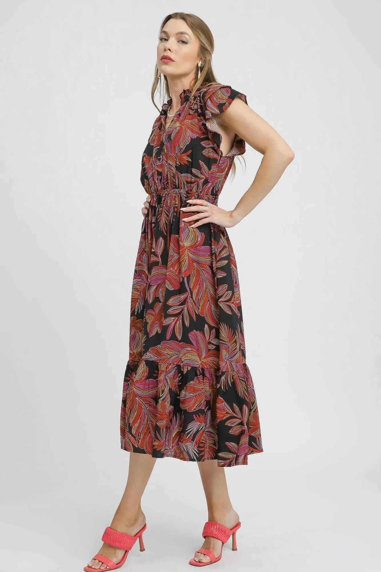 Umgee Mix Ruffle Sleeve Tropical Midi Dress 9788056f-7409-4448-9723-d26f4959050e-Max-Origin