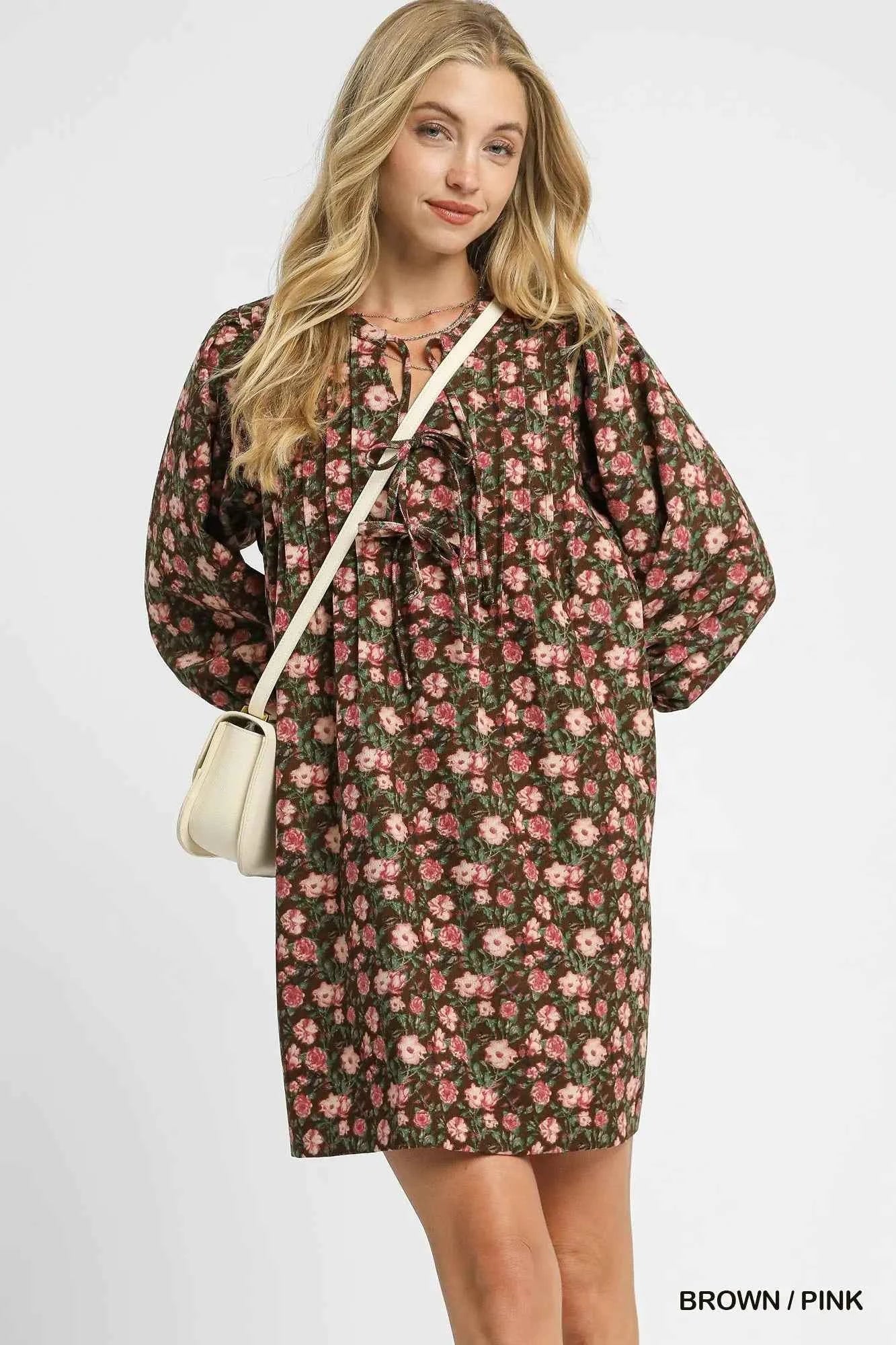 Umgee Floral Tie-Neck Babydoll Dress BROWN PINK 978b674f-c14c-4d33-ac47-6e6cd14ac60b-Max-Origin