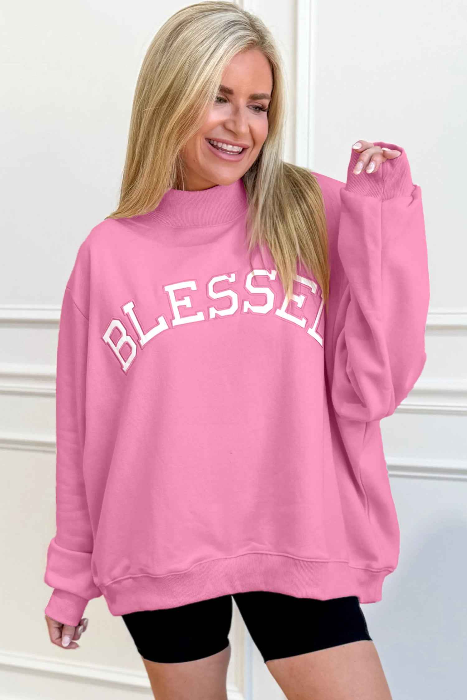 Sea Green Oversize Blessed Embroidered Mock Neck Sweatshirt 978ca18ffaae02a0
