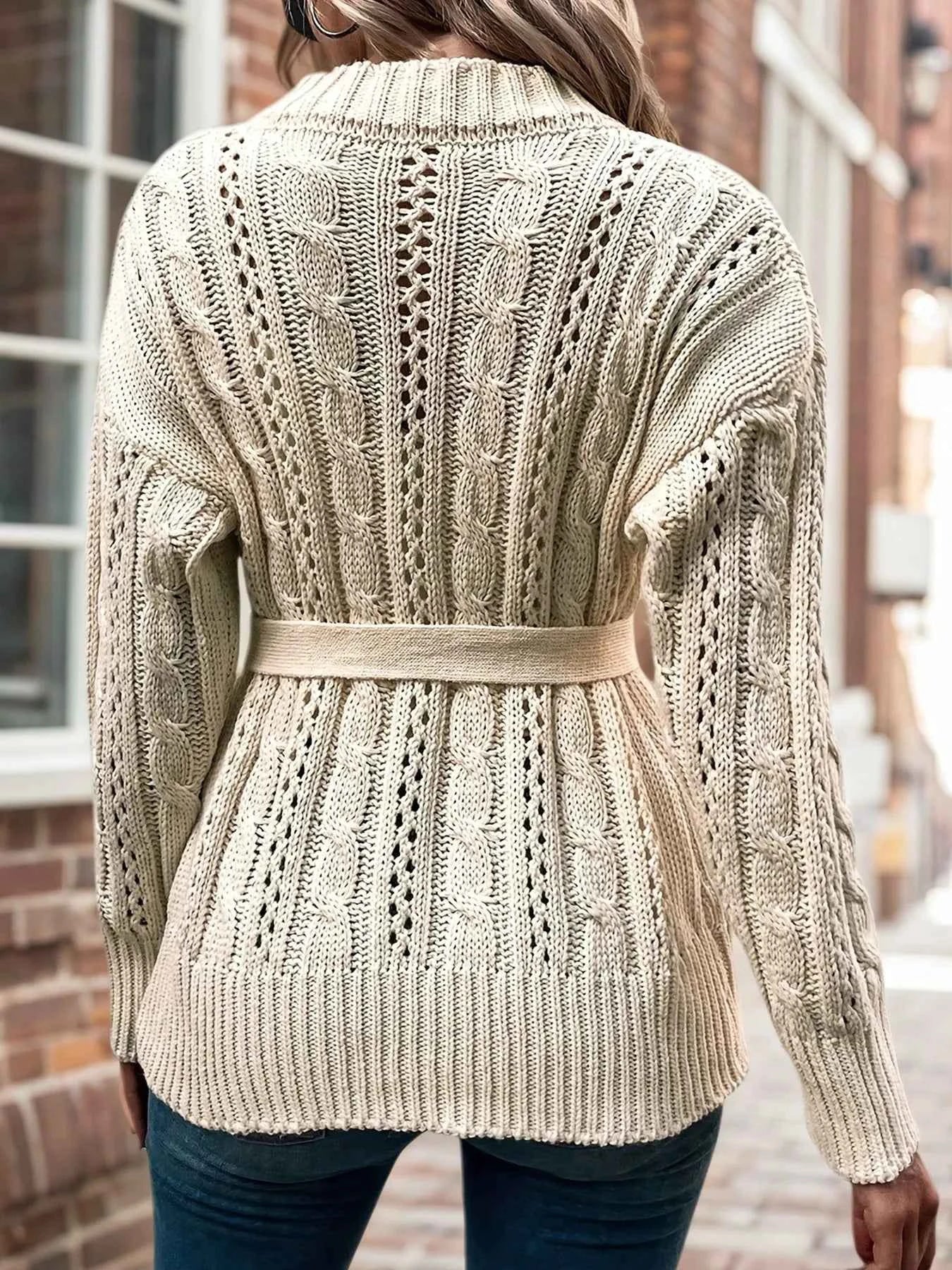 Cable Knit Belted Cardigan with Button Front