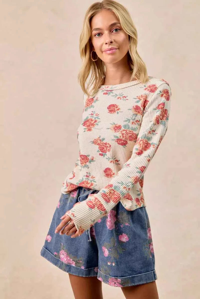 BiBi Floral Print Washed Waffle Thermal Top With Thumb 9790582705294274995379d51a1ffe29-Max-Origin