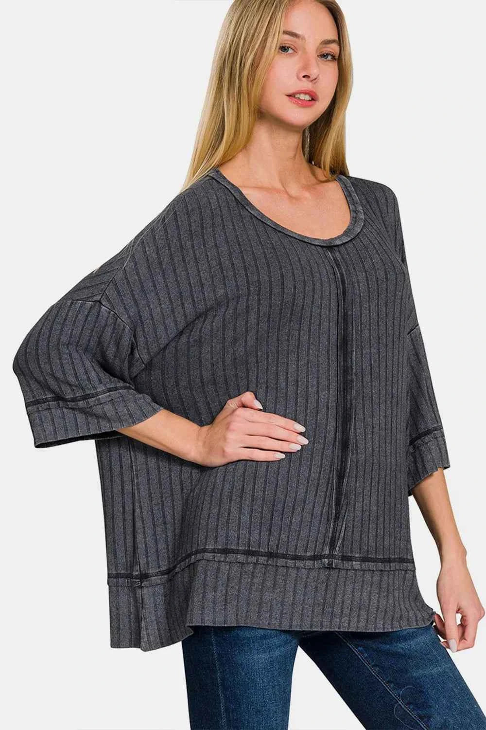 Zenana Washed Ribbed Drop Shoulder Half Sleeve Top ASHBLACK 9793e13c-a854-427e-b124-6777436012ea-Max
