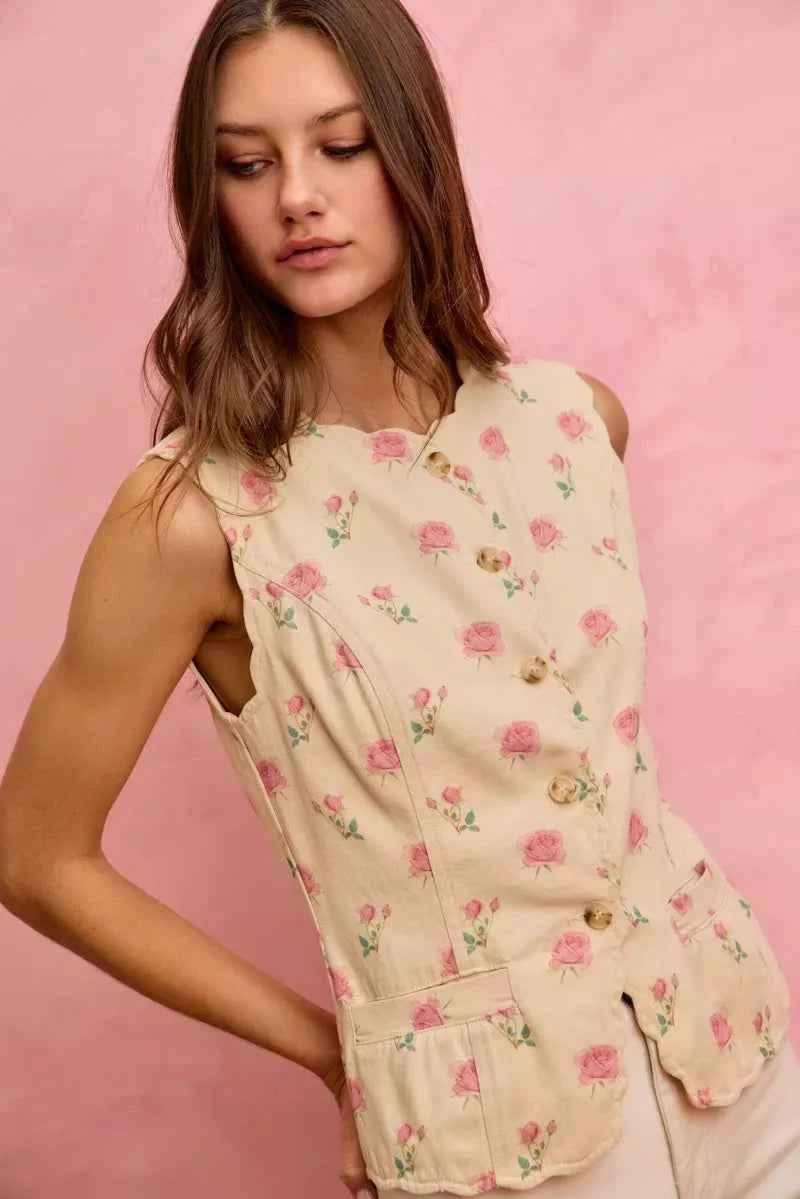 SO ME Floral Rose Cotton Twill Scallop Button Vest Top 979d7d8c62c44126a6b86b6fb55adbd5-Max-Origin