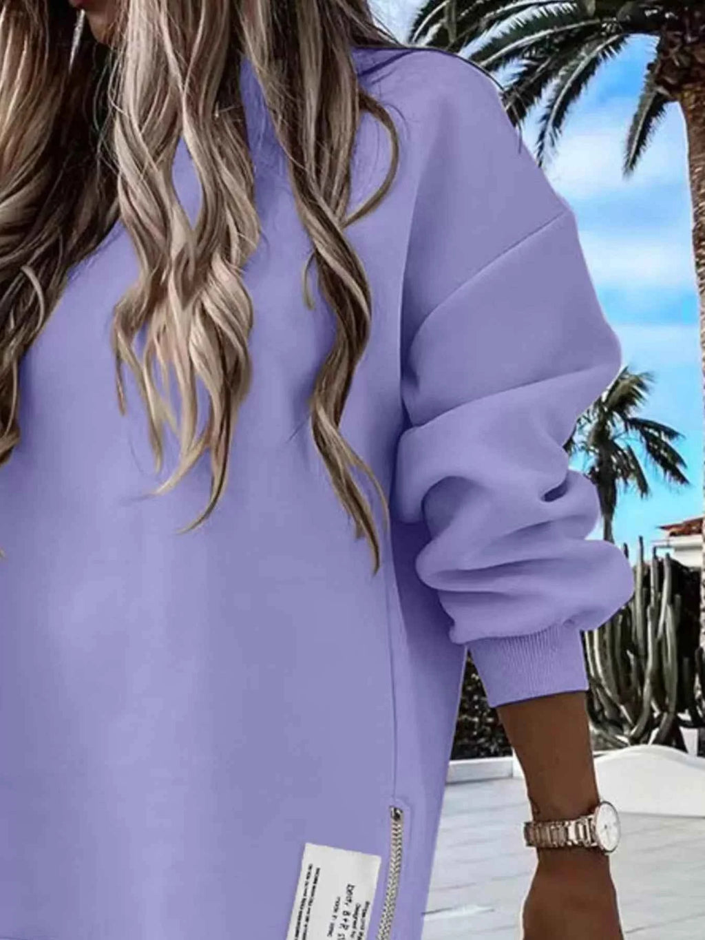Side Slit Round Neck Long Sleeve Sweatshirt