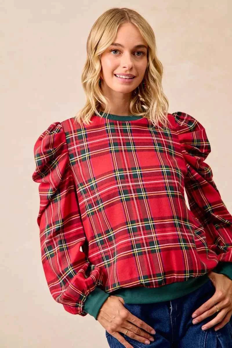 BiBi Christmas Plaid Exaggerated Shoulder Sleeves Top 97a57c6ace364eb6904b3718d53da792-Max-Origin