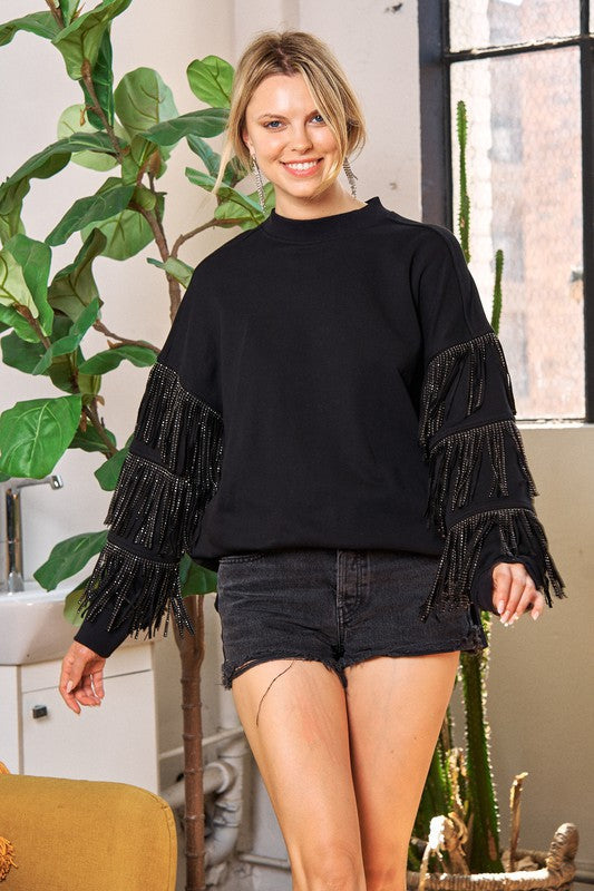 Silver studded fringe sleeve top jjt5009 BLACK 97ab4c35-5d43-47fe-b4de-21150180defe