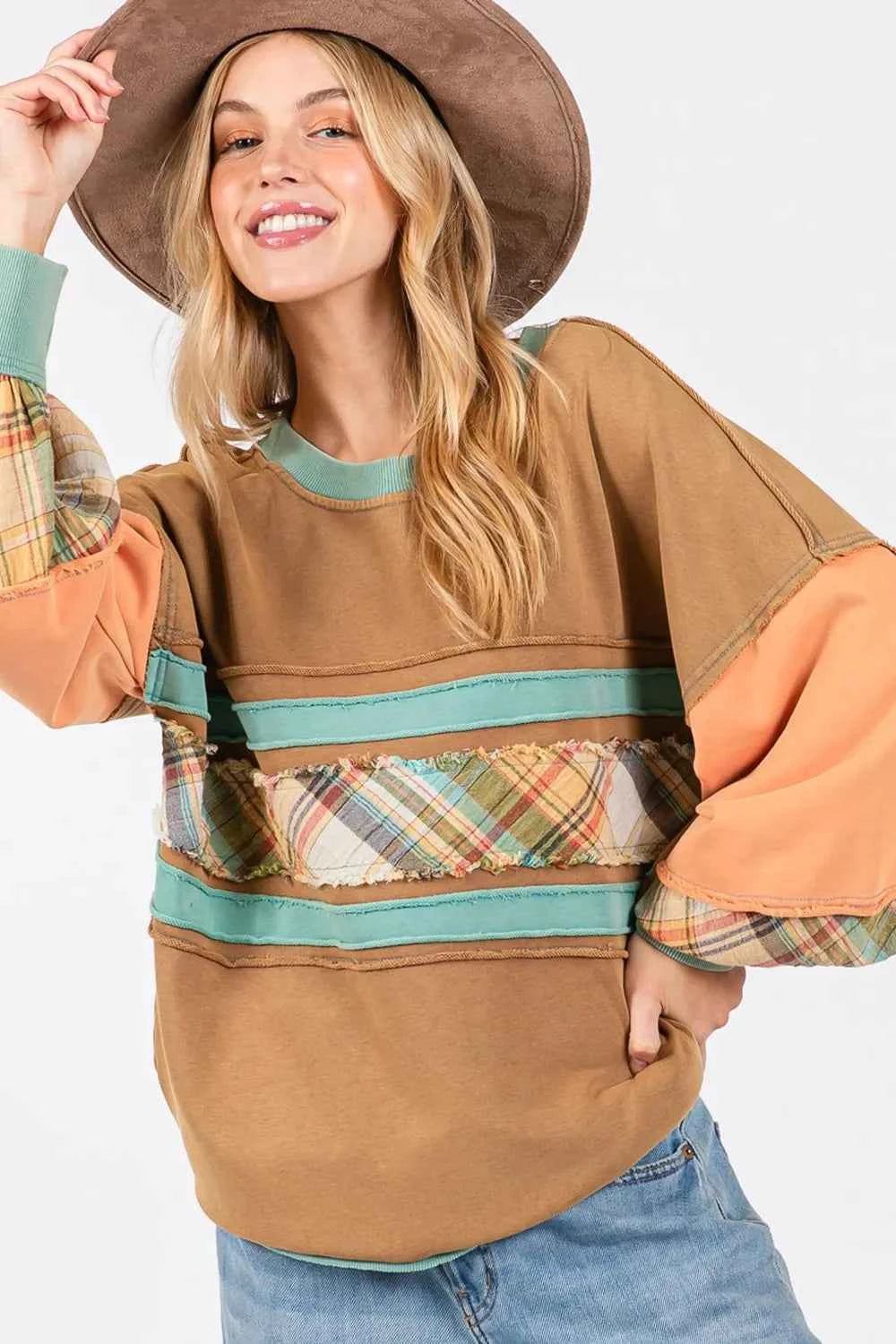 SAGE + FIG Mineral Wash Raw Edge Color Block Sweatshirt Hazelnut 97ad8d2d-d847-4d18-9498-bd870c1d72d6-Max