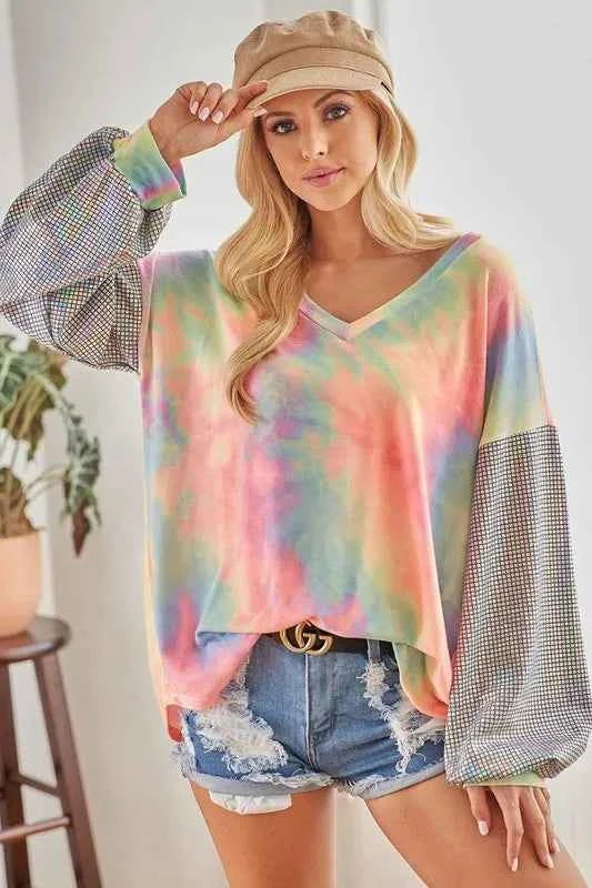 V Neck Tie Dye French Terry Top with Shiny 97ae13c40a114fe1a743093561cd0a76-Max-Origin