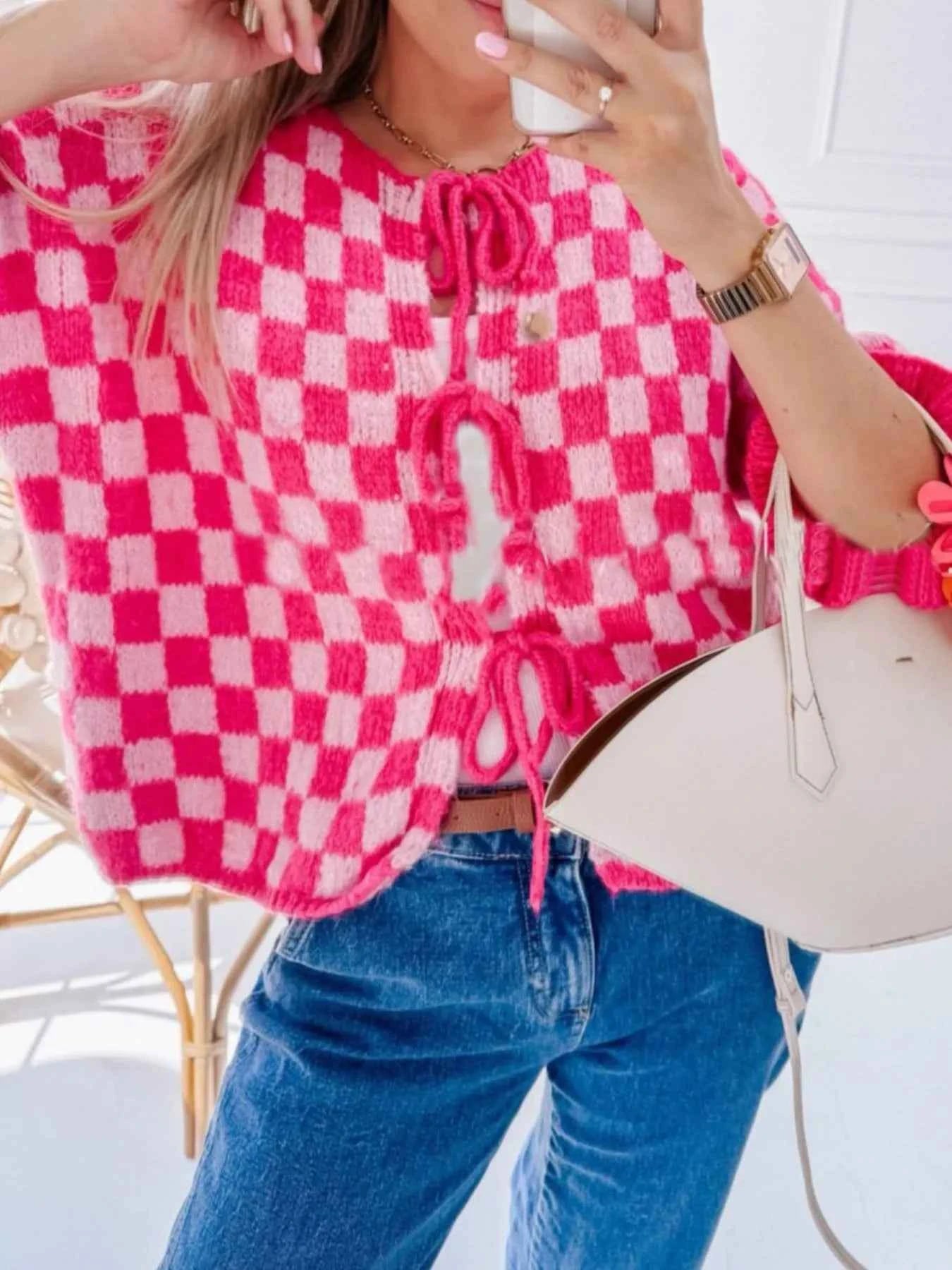 Checkered Tie-Front Knit Cardigan