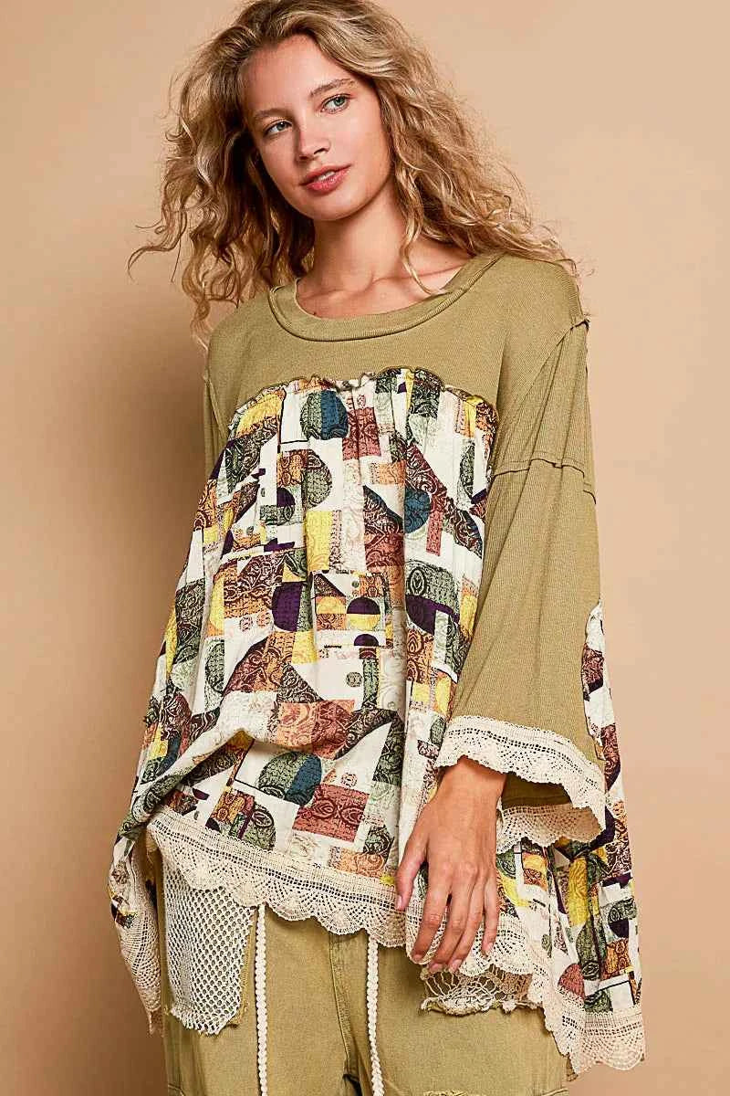 POL Bohemian Geometric Print Long Sleeve Top with Lace Trim MOSS GREEN 97b3cc94-97c4-4e9e-a436-9b715c00aae9-Max-Origin