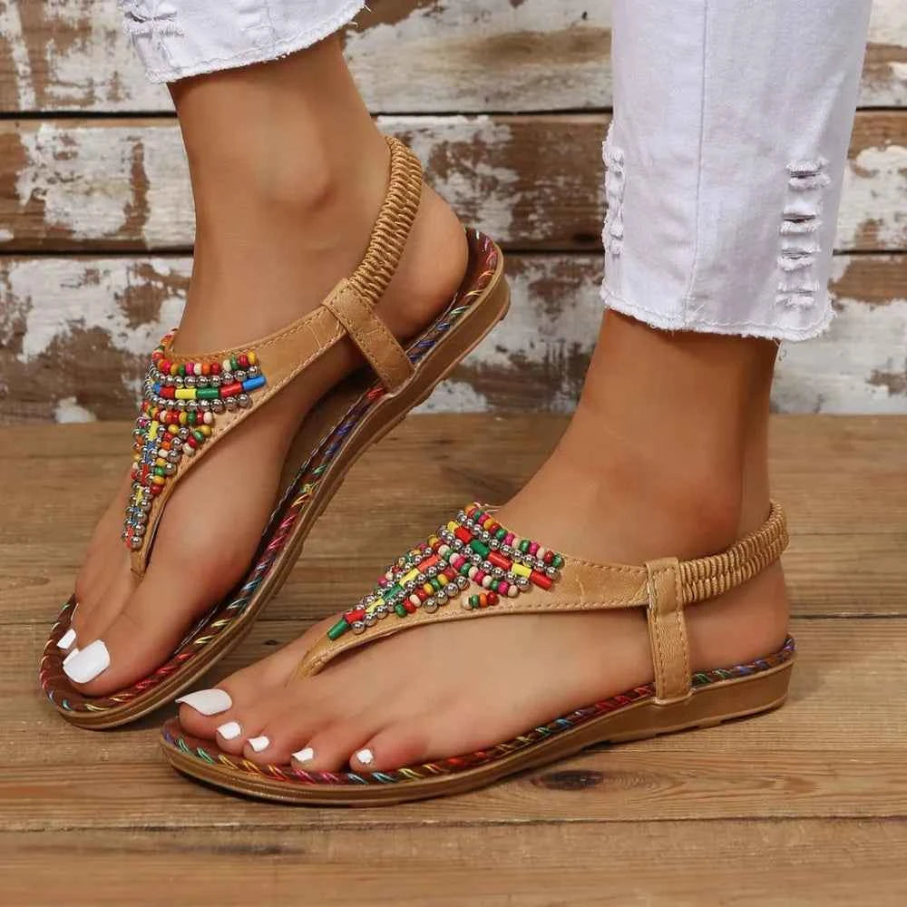 Beaded PU Leather Open Toe Sandals Caramel 97b42c81-815e-4407-a3fb-7f2e58be3405-Max