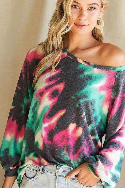 Tie Dye Print Terry Top with Puff Sleeves 97b7ec083996482f866f67dca10158cd-Max-Origin