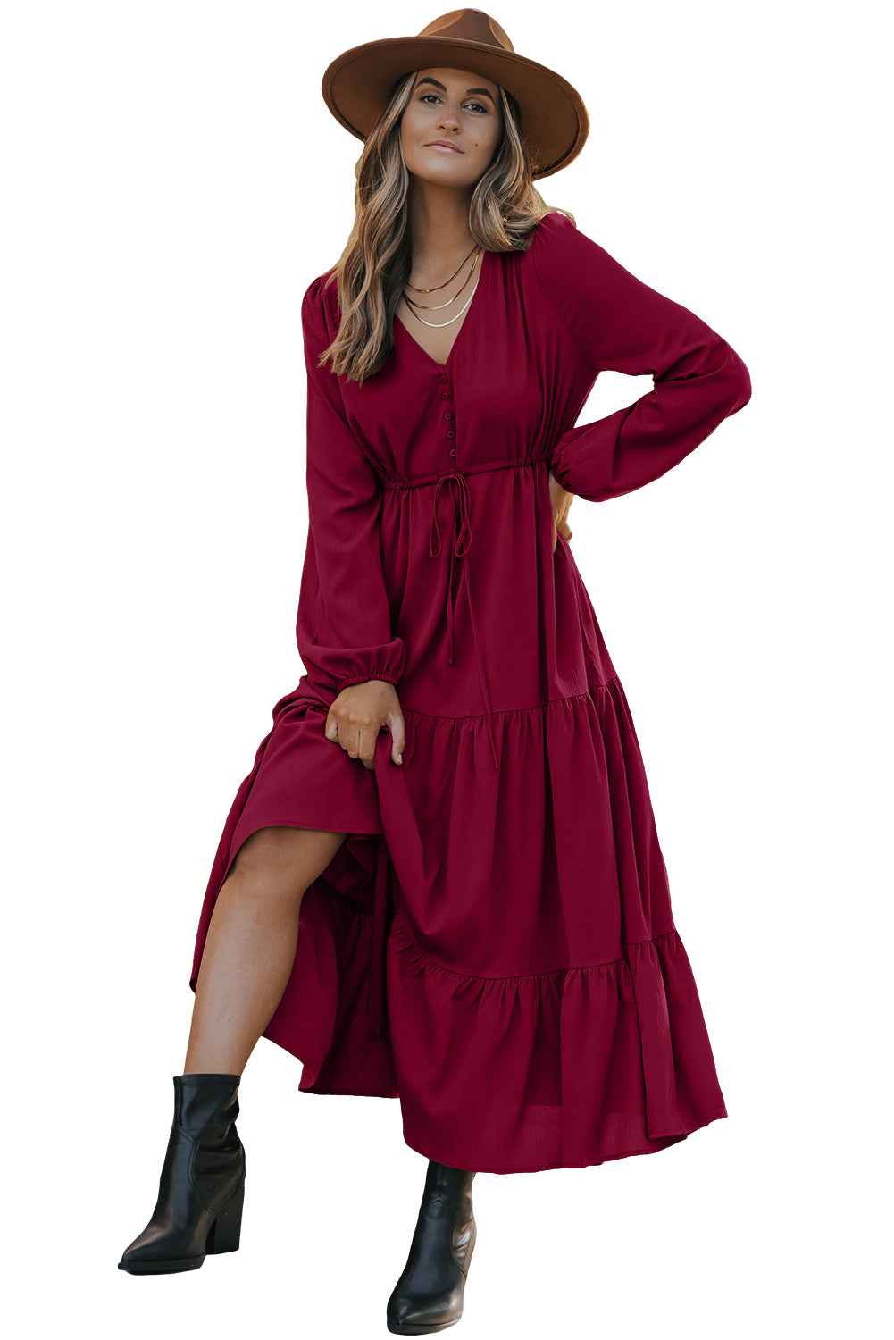 Blackish Green Solid Long Sleeve Button V Neck Tiered Maxi Dress 97b844a41b835c53