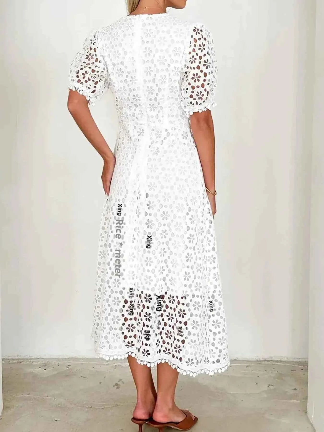 Eyelet Lace V-Neck Midi Dress with Puff Sleeves 97be8e26-0cf1-41ce-aa2f-792ea9950a2e-Max-Origin