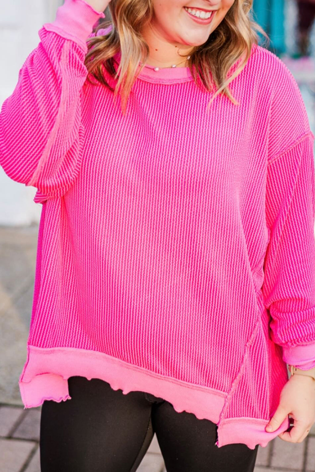 Rose Red Drop Shoulder Uneven Hem Plus Size Twisted Rib Top Rose Red 75%Polyester+20%Viscose+5%Elastane 97bf33ba24584d98