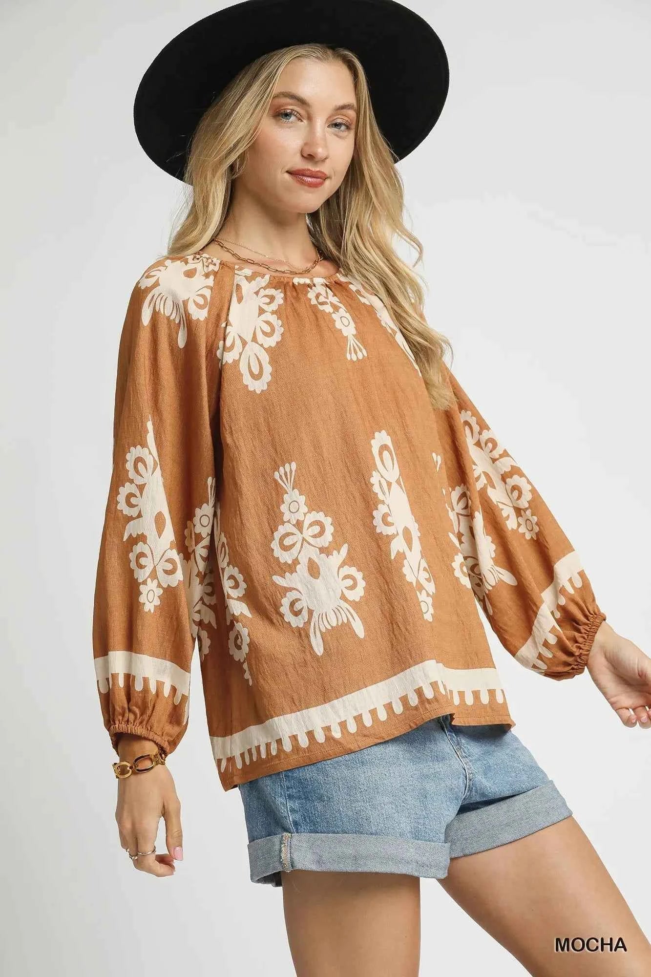 Umgee Full Size Two Tone Border Print Top with Balloon Sleeves Plus Size 97c49cba-8577-465e-b3ee-2f6a343c6471-Max-Origin