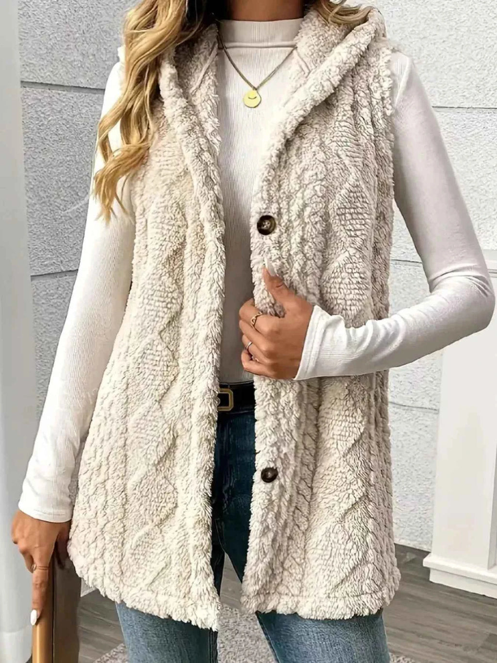 Button-Down Sherpa Hooded Vest Coat Beige 97c54740-e894-45a5-8826-c462735580c9-Max-Origin