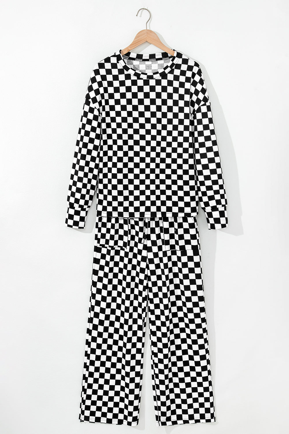 Beige Checkered Print Long Sleeve Loose Fit Pajama Set 97c67ab0a4218b6e