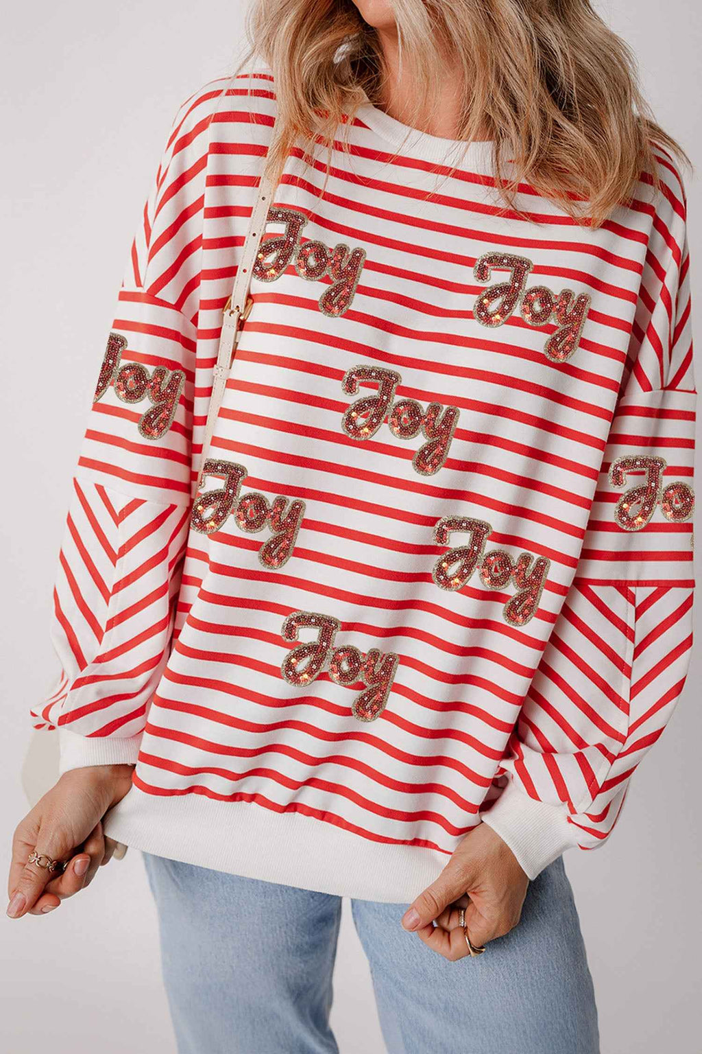 Orange Stripe Sequined Joy Pattern Patchwork Sleeve Round Neck Sweatshirt Orange Stripe 70%Polyester+25%Cotton+5%Elastane 97c85317bd189109
