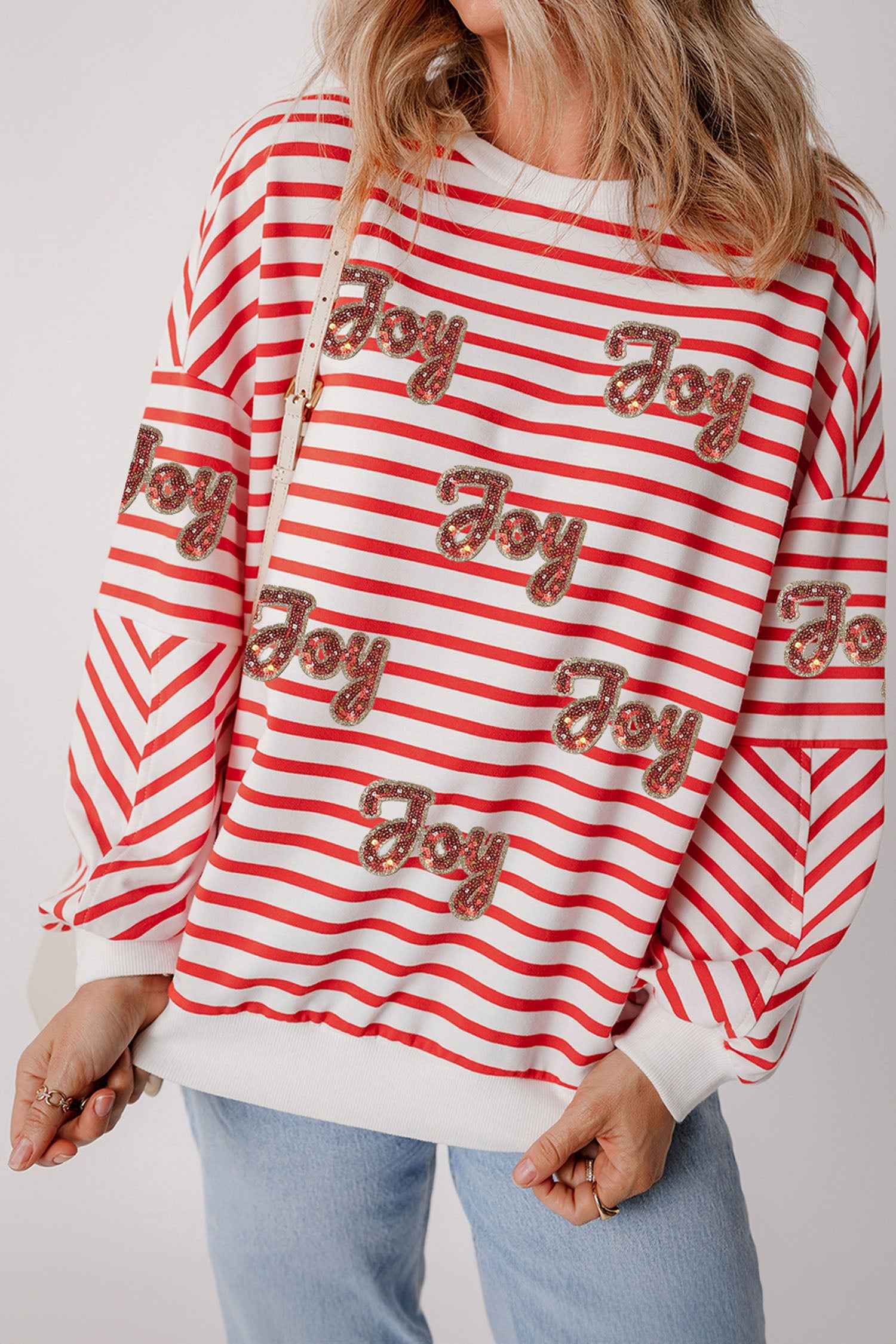 Orange Stripe Sequined Joy Pattern Patchwork Sleeve Round Neck Sweatshirt Orange Stripe 70%Polyester+25%Cotton+5%Elastane 97c85317bd189109