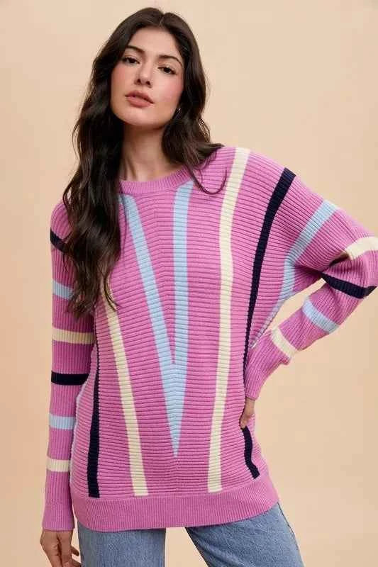 Chevron Stripe Round Neck Ribbed Sweater 97c85fc7-8cfd-43a4-903d-bc464b639611-Max