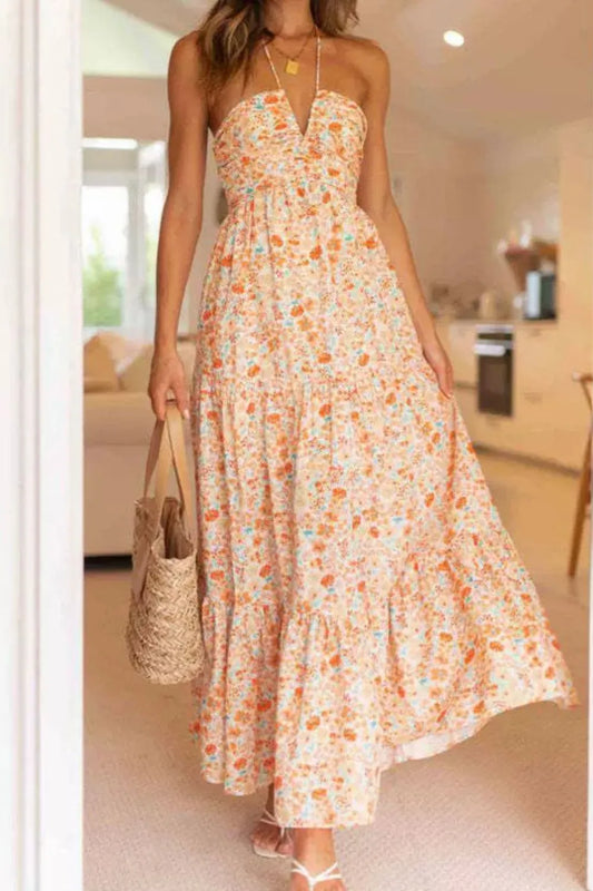 Floral Halter Neck Tiered Maxi Dress Sherbet