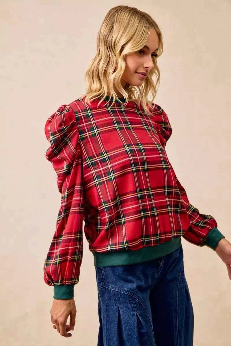 Christmas Plaid Exaggerated Shoulder Sleeves Top 97cb19720eec4ed5afdb0d28c3aa0bcc-Max-Origin