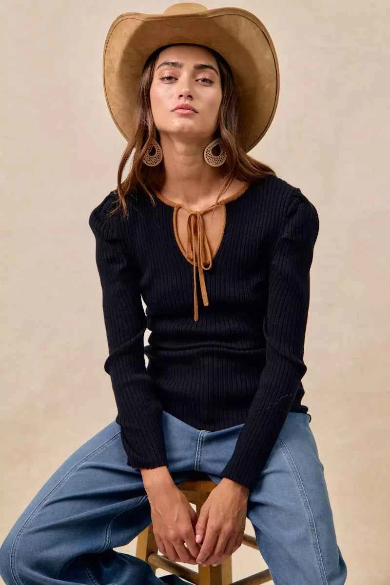 BiBi Ribbed Contrast Front Tied Top with Shrried 97cb200c2d4a4e978f960a25862338fc-Max-Origin